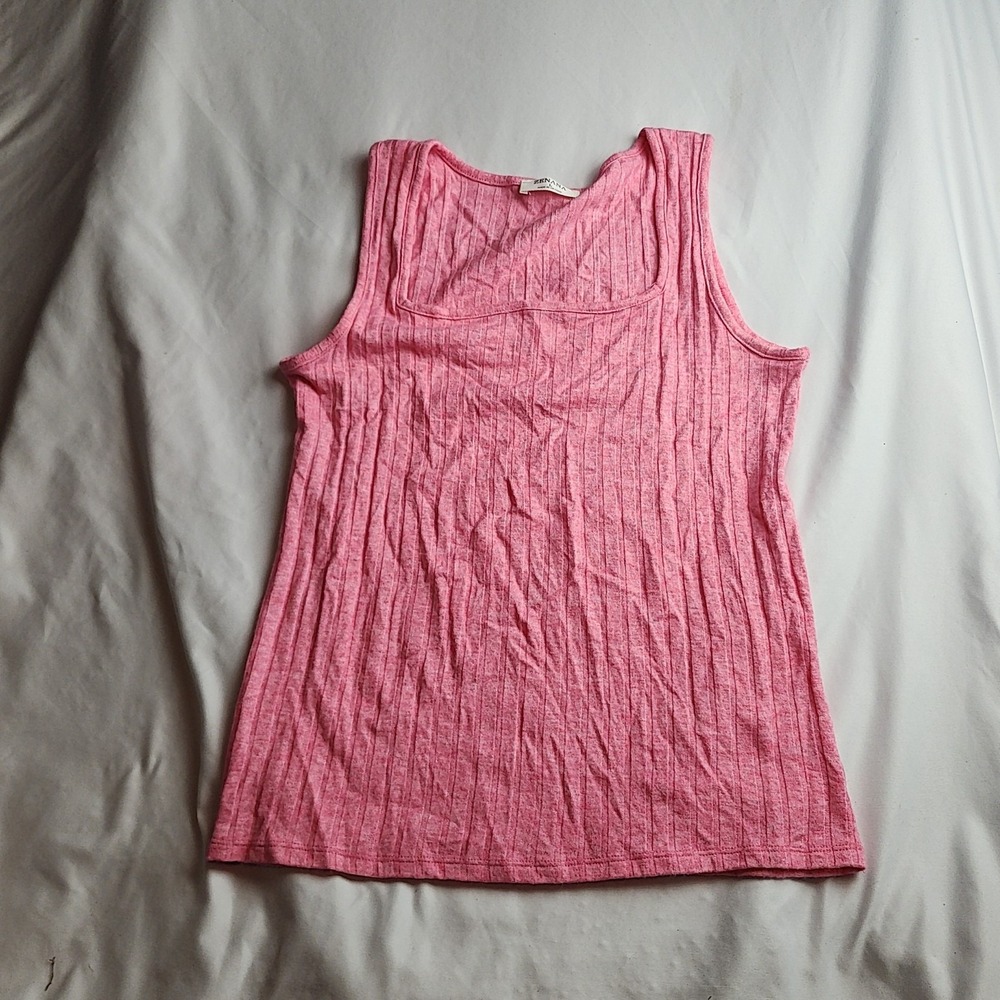 Zenana Ribbed Tank Top Heathered Pink Square Neck Rayon Blend Women's Size Large